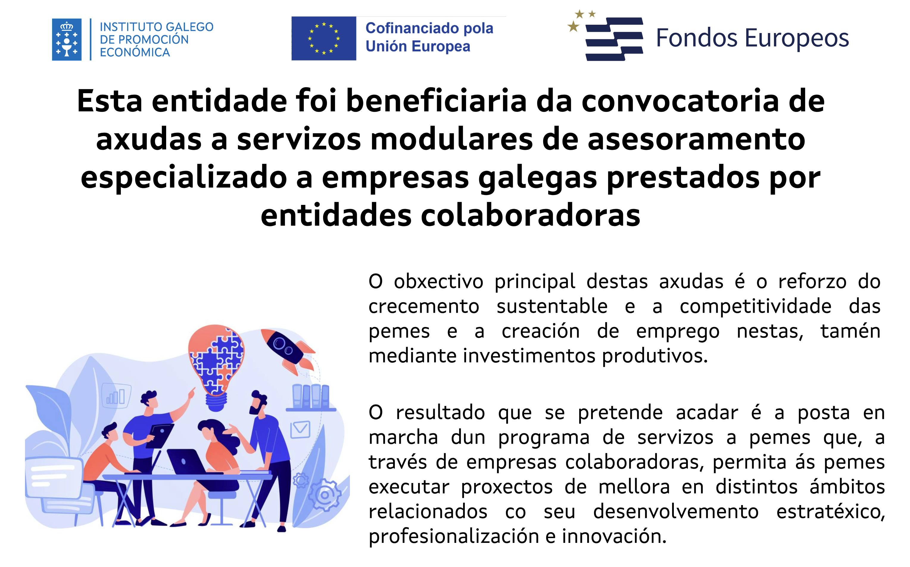 Esta entidade foi beneficiaria da convocatoria de axudas a servizos modulares de asesoramento especializado a empresas galegas prestados por entidades colaboradoras
