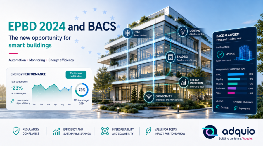 EPBD 2024 y BACS: la nueva oportunidad para convertir edificios en sistemas inteligentes La nueva Directiva Europea de Eficiencia Energética en Edificios, EPBD 2024, marca un cambio profundo en la forma de entender la automatización. Ya no se trata solo de instalar equipos eficientes. Se trata de que el edificio sea capaz de monitorizar, controlar, optimizar y demostrar cómo consume energía. La EPBD 2024 fue publicada en mayo de 2024 y los Estados miembros deben adaptar su normativa antes del 29 de mayo de 2026. Además, introduce obligaciones relacionadas con los sistemas de automatización y control en edificios, especialmente en edificios no residenciales con instalaciones técnicas superiores a 70 kW. Aquí es donde entran los sistemas BACS, Building Automation & Control Systems, evaluables según la norma EN ISO 52120-1. Esta norma clasifica el nivel funcional de automatización de un edificio en cuatro clases: D, C, B y A. La Clase C representa el cumplimiento mínimo, mientras que las Clases B y A se orientan a una automatización avanzada, con control basado en demanda, supervisión continua, interoperabilidad y optimización energética. Cumplir no será suficiente: habrá que demostrarlo Uno de los puntos más importantes es entender que no se certifica un producto aislado. Lo que se evalúa es la instalación completa y su capacidad real para habilitar un determinado nivel funcional del edificio. Por eso, el valor no está solo en tener un sistema de control, sino en disponer de una plataforma capaz de conectar todos los subsistemas del edificio, generar datos fiables, registrar históricos, facilitar auditorías y ofrecer una visión clara al facility manager. Y ese es precisamente el terreno natural de ADQUIO. ADQUIO como plataforma para edificios preparados para BACS Clase B y A ADQUIO permite integrar en un único entorno los principales dominios que contempla la ISO 52120: climatización, iluminación, persianas y sombreado, monitorización, eficiencia energética e interoperabilidad. La plataforma combina control local, supervisión SCADA, acceso cloud, lógica programable, históricos, alarmas, reporting y comunicación con múltiples protocolos abiertos. Esto significa que un edificio equipado con ADQUIO puede pasar de una automatización básica basada en horarios a una gestión mucho más inteligente: control por ocupación real, regulación de iluminación por presencia o luz natural, setpoints adaptativos por zona, coordinación entre HVAC e iluminación, monitorización continua, submetering energético, KPIs comparativos y conexión con sistemas externos mediante protocolos como BACnet, Modbus, MQTT, KNX, DALI, Casambi o API REST. La normativa como ventaja comercial Durante años, muchos edificios han funcionado con sistemas aislados: una plataforma para climatización, otra para iluminación, otra para contadores, otra para alarmas y otra para informes. Ese modelo ya no encaja con el futuro regulatorio ni con las necesidades reales de propietarios, gestores e inversores. La nueva EPBD acelera una tendencia inevitable: los edificios tendrán que ser más eficientes, más medibles y más fáciles de auditar. Para los propietarios, esto significa reducir consumo, mejorar confort, preparar el activo para exigencias ESG y aumentar su valor inmobiliario. Para los integradores y partners, significa una nueva oportunidad: acompañar al cliente no solo en la instalación, sino también en el camino hacia el cumplimiento funcional del edificio. ADQUIO no sustituye al auditor ni al técnico competente. Pero sí puede facilitar la documentación, los datos y la trazabilidad necesarios para demostrar qué funciones están activas y cómo contribuyen al nivel BACS del edificio. De obligación normativa a edificio inteligente La EPBD 2024 no debe verse como una carga. Es una señal clara del mercado: los edificios que no puedan medir, controlar y optimizar su comportamiento energético quedarán atrás. Con ADQUIO, la automatización deja de ser una capa técnica invisible y se convierte en una herramienta estratégica para cumplir, ahorrar, operar mejor y preparar los edificios para el futuro. La normativa marca el camino. La tecnología ya está preparada. Ahora es el momento de convertir el cumplimiento en una ventaja competitiva.