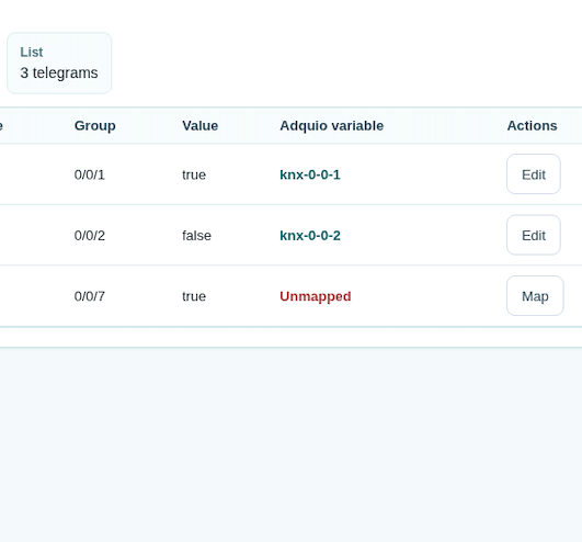 Mappings between KNX groups and Adquio variables