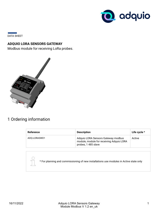 First page — Adquio LoRa Sensors Gateway