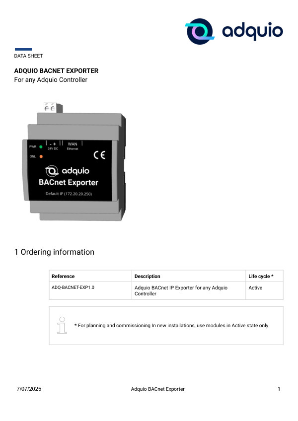 First page — Adquio BACnet Exporter