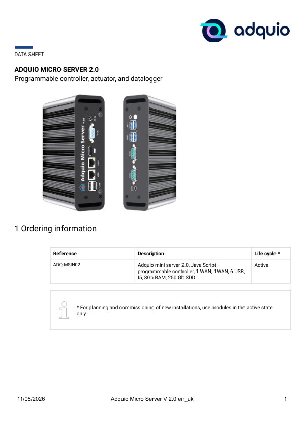 First page — Adquio Micro Server