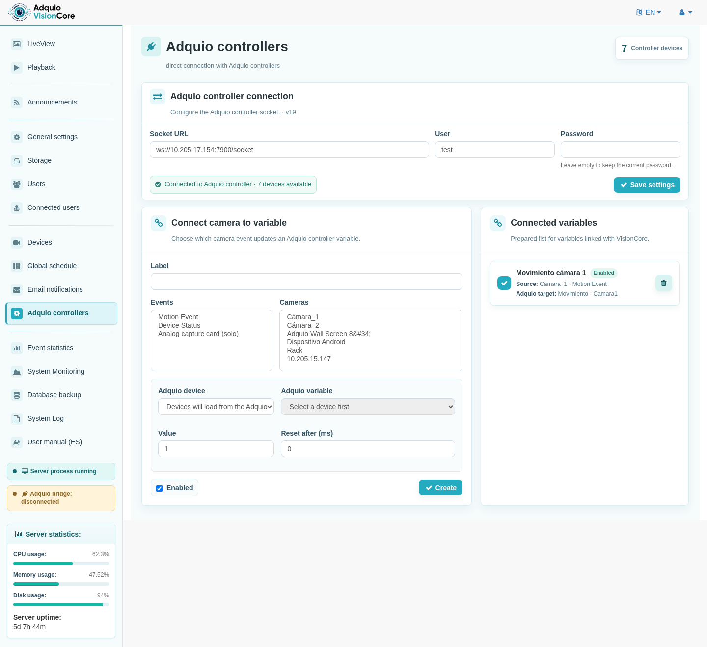 VisionCore: asociación de eventos de cámaras con variables Adquio