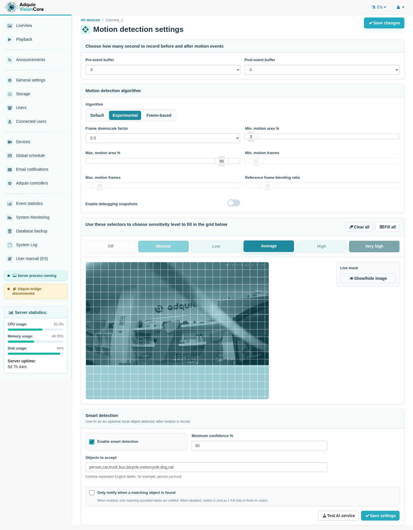 VisionCore: zonas de movimiento y configuración de detección inteligente