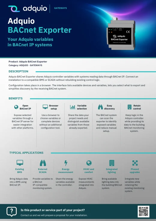 Adquio BACnet Exporter · Brochure cover