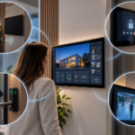 Pantalla de control inteligente conectada con accesos y videovigilancia en un edificio