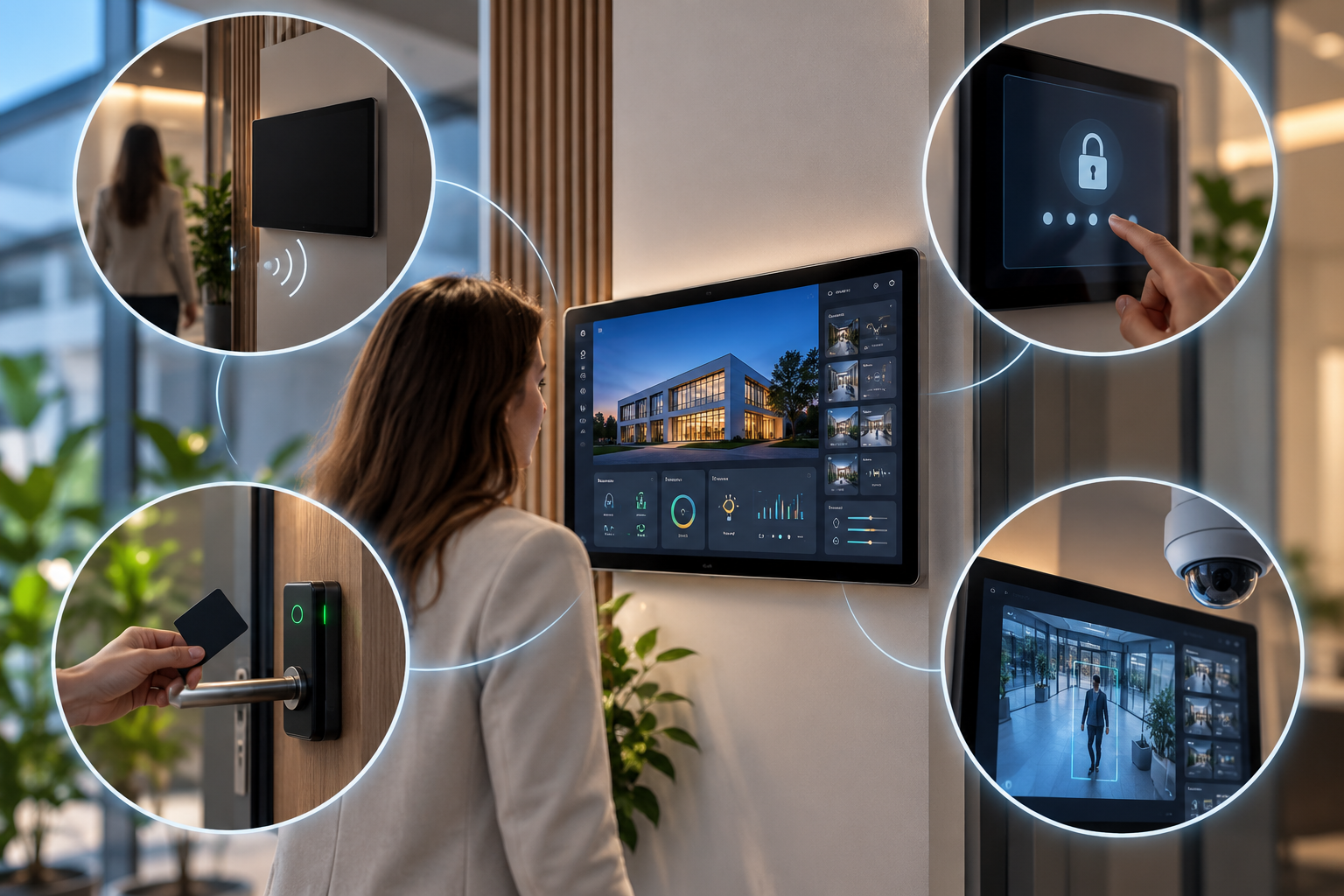 Pantalla de control inteligente conectada con accesos y videovigilancia en un edificio
