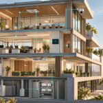 Ilustración conceptual de un edificio conectado con control, iluminación, climatización, accesos y supervisión remota