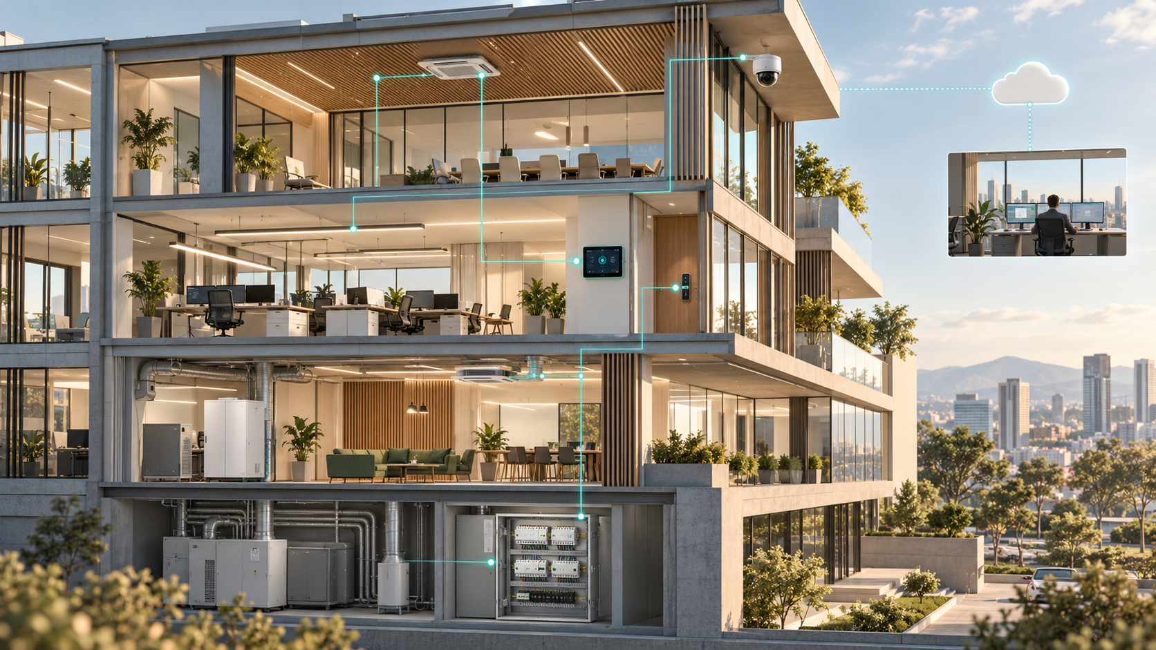 Conceptual illustration of a connected building with lighting, climate, access control and remote supervision