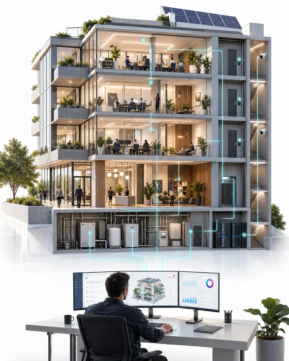 Building connected by Adquio Building OS with lighting, climate, energy, access, video and monitoring