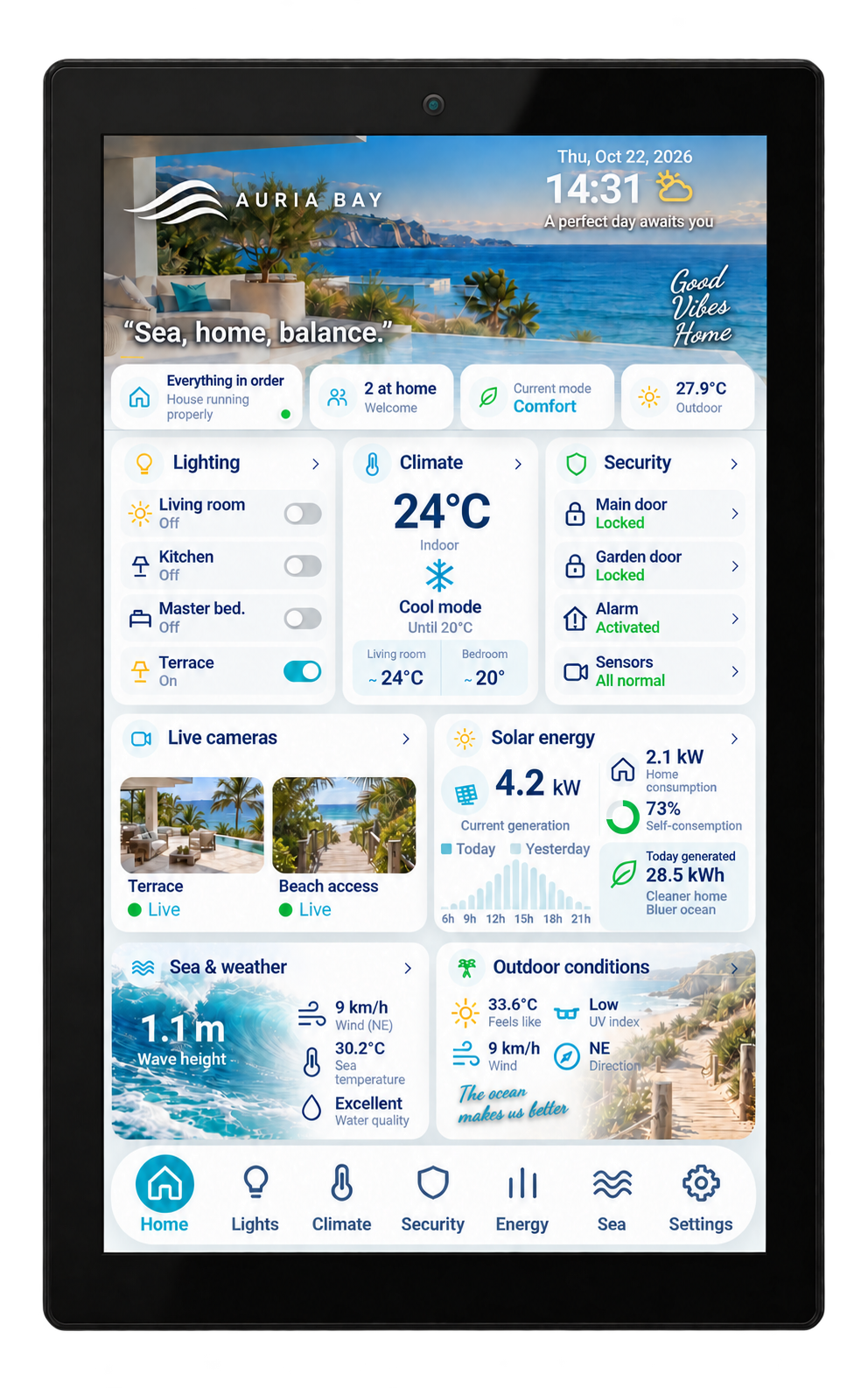 Pantalla Adquio vertical con dashboard de edificio inteligente de marca ficticia Auria Bay